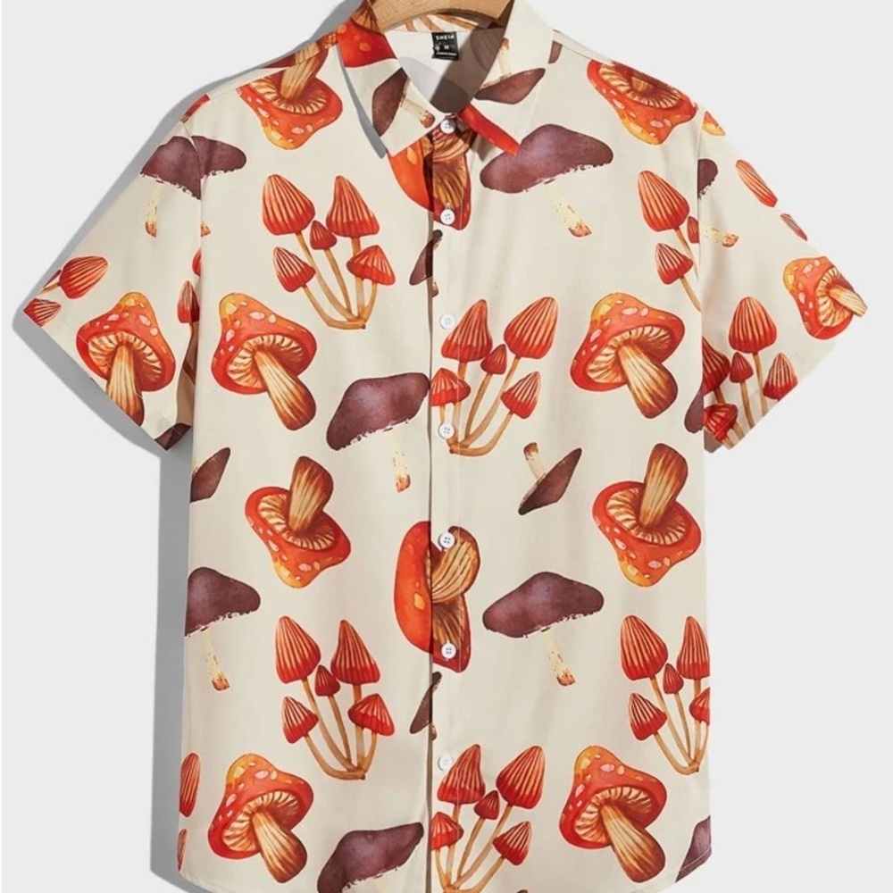 Men’s Short Sleeve Button Down Mushroom Shirt L